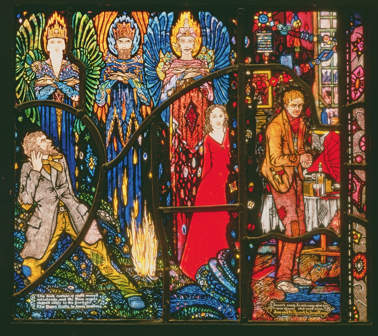 Detail from the Geneva Window depicting The Demi Gods by James Stephens and Juno and the Paycock by Sean OCasey by Harry Clarke
