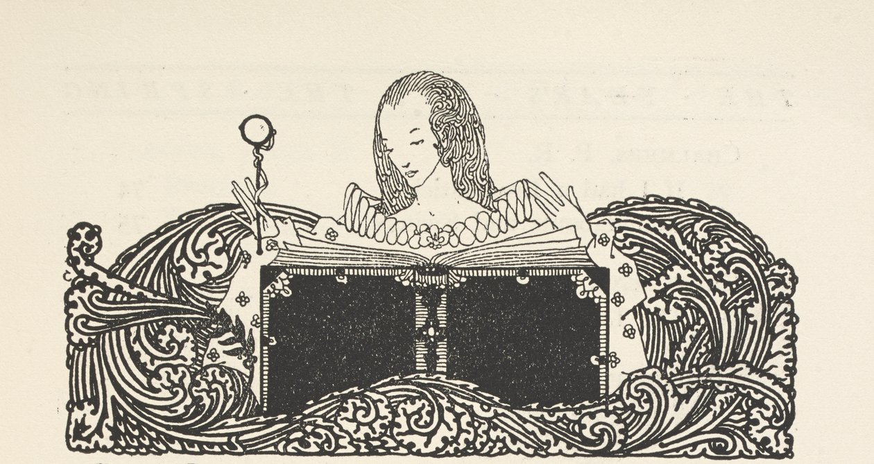 Illustration of a woman reading a book by Harry Clarke