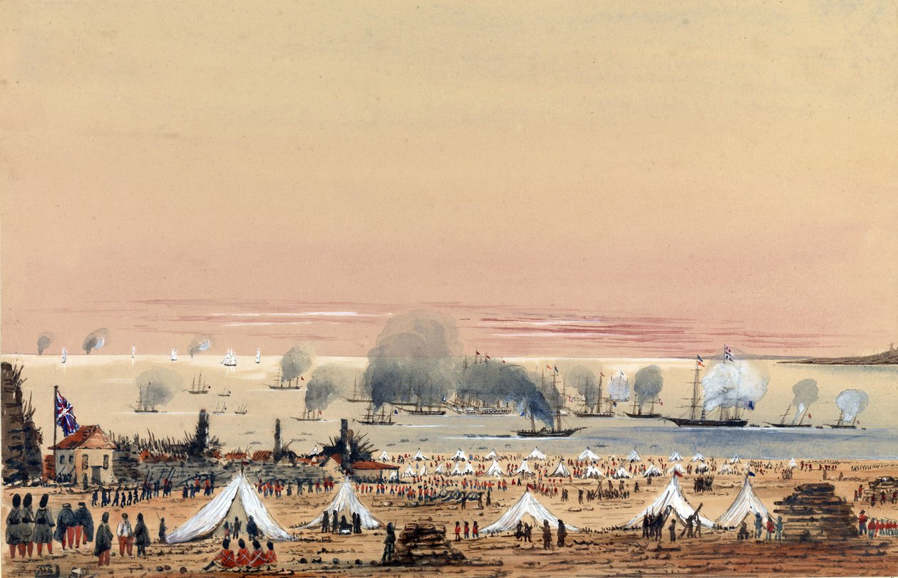 The Landing at Kinburn (Ukraine, Russia) in October 1855, a British Army Camp on the Shore, with the Fleet Anchored Offshore Including the HMS Tribune by Harry Edmond Edgell