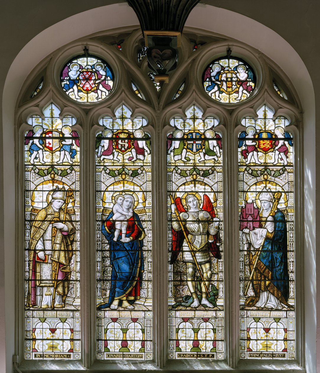 Oxford, Brasenose College Chapel, James Powell & Sons, Harry Ellis Wooldridge, St Cedda, Madonna & Child, St Michael, St Hugh by Harry Ellis Wooldridge