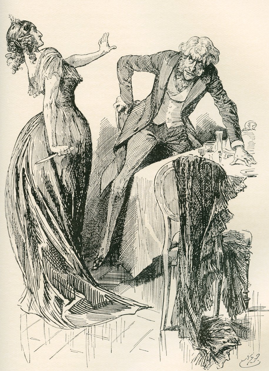 Edith and Mr. Carker. "He was coming gaily towards her, when, in an instant, she caught the knife up from the table, and started one pace back. "Stand still," she said, "or I shall murder you!" Illustration by Harry Furniss for the Charles Dickens Novel by Harry Furniss