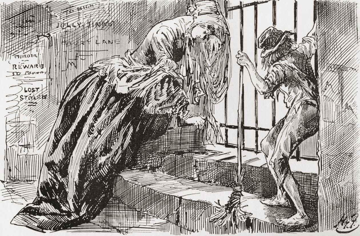 Lady Dedlock and Jo. "He was put there," says Jo, holding to the bars and looking in, while Lady Dedlock shrinks into a corner. Illustration by Harry Furniss for the Charles Dickens novel Bleak House, from The Testimonial Edition, published 1910 by Harry Furniss
