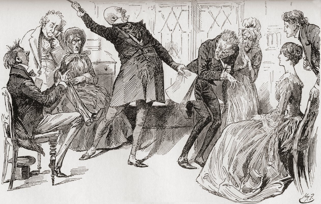 Mr. Micawber Achieves the Downfall of Heep. "The triumphant flourish with which Mr. Micawber delivered himself of the words, had a powerful effect in alarming the mother, who cried out in much agitation, 