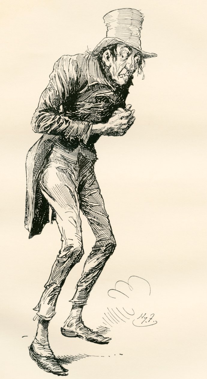 Newman Noggs. Illustration by Harry Furniss for the Charles Dickens Novel Nicholas Nickleby, from The Testimonial Edition, Published 1910. by Harry Furniss