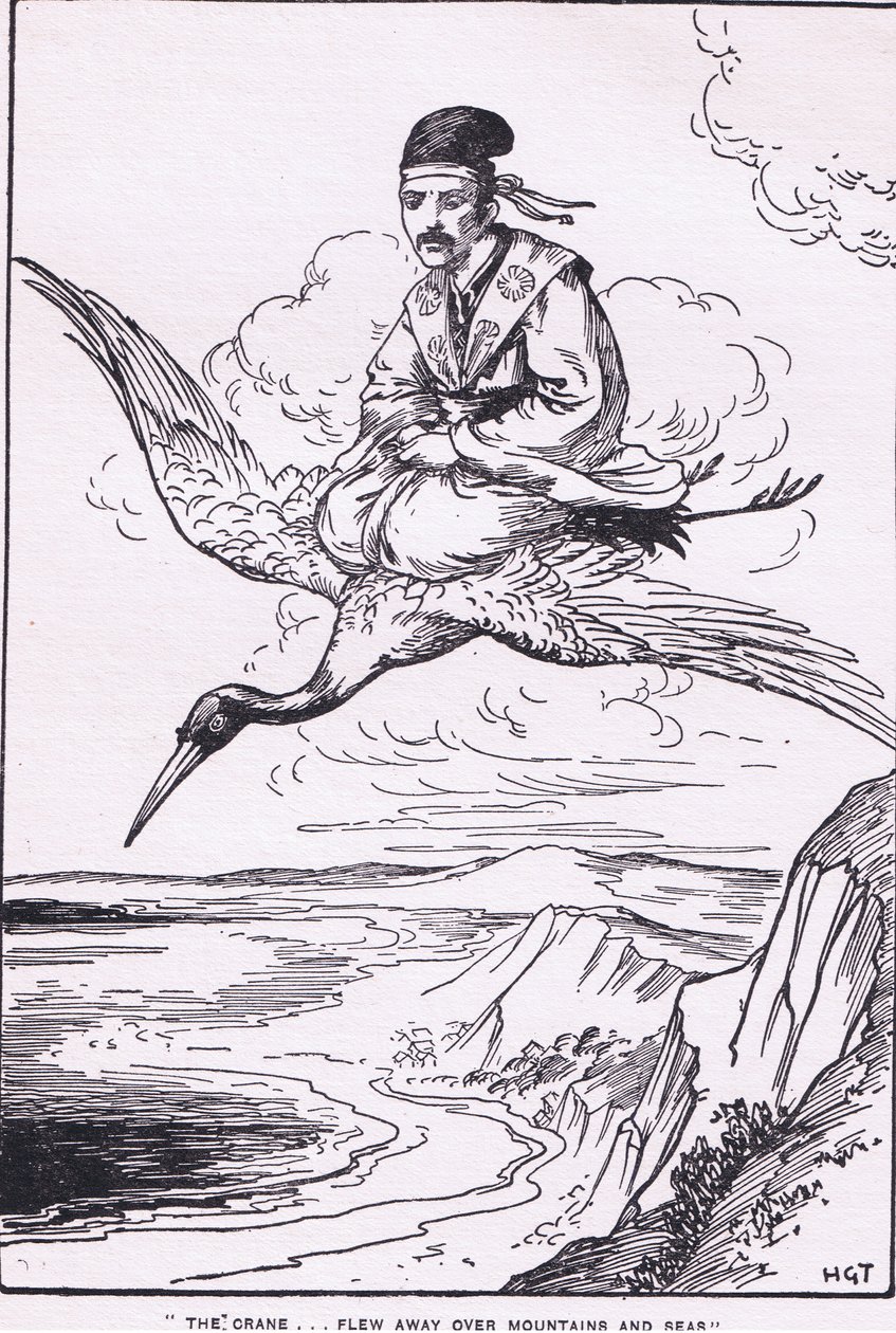 The crane flew away over mountains and seas (from the Story of Sentaro)