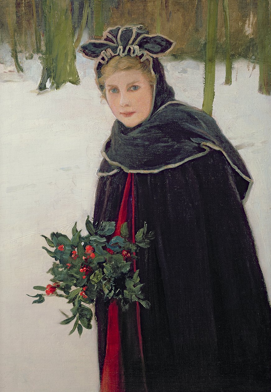 Winter - Portrait of a girl in a winter landscape by Harry van der Weyden