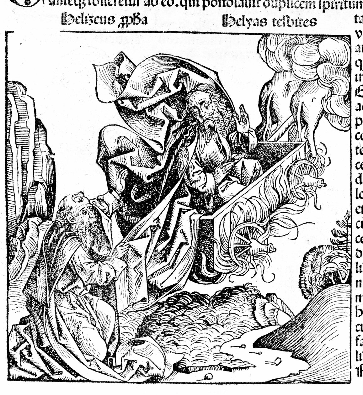 Elijah rises in a chariot of fire, leaving his estate to Elisha. Hartmann Schedel: Chronicle of Nuremberg. Nuremberg 1497 by Hartmann Schedel