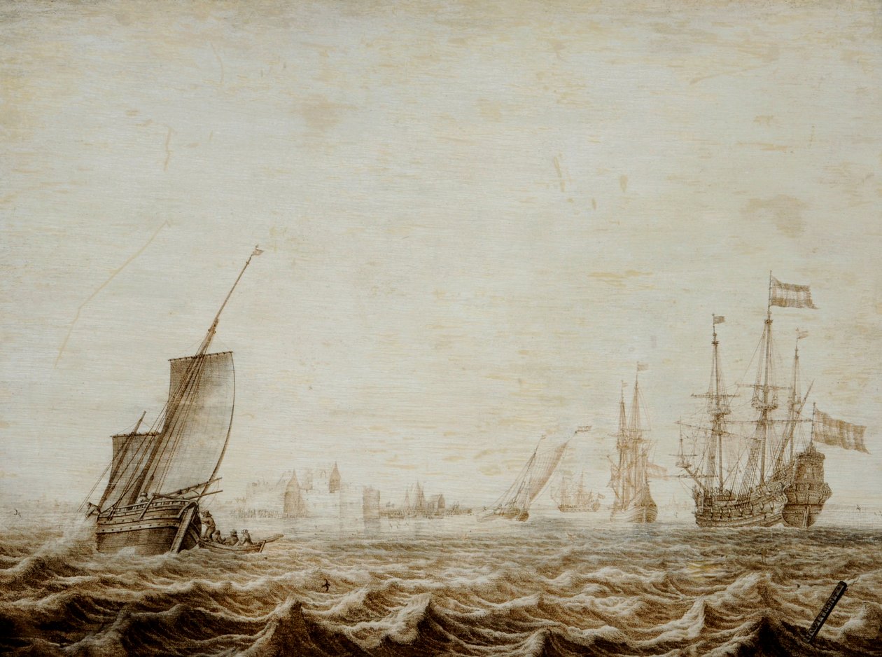 A Wijdschip Lowering Sail in a Choppy Sea, mid-17th century by Heerman Witmont