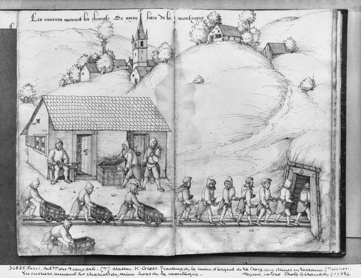 Silver Mine of La Croix-aux-Mines, Lorraine, fol.10v and fol.11r, Miners Pushing Trucks, c.1530 by Heinrich Gross or Groff