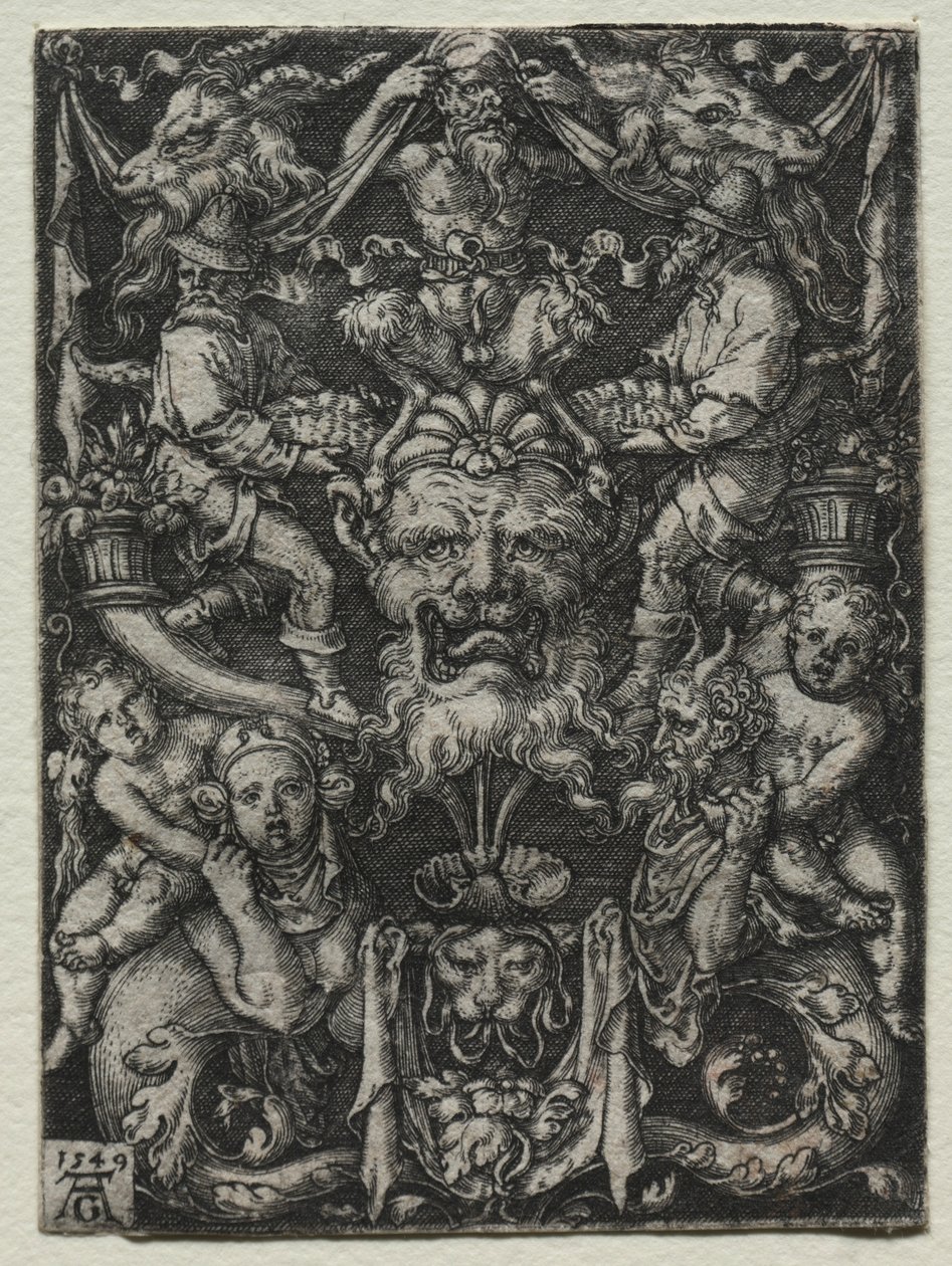 Ornament Design with a Mask, A Couple of Tritons, and Two Children Below by Heinrich Aldegrever