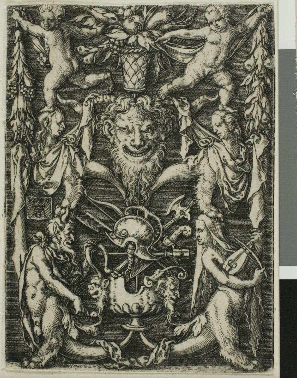 Ornamental Design with a Couple of Satyrs, Children and a Trophy by Heinrich Aldegrever