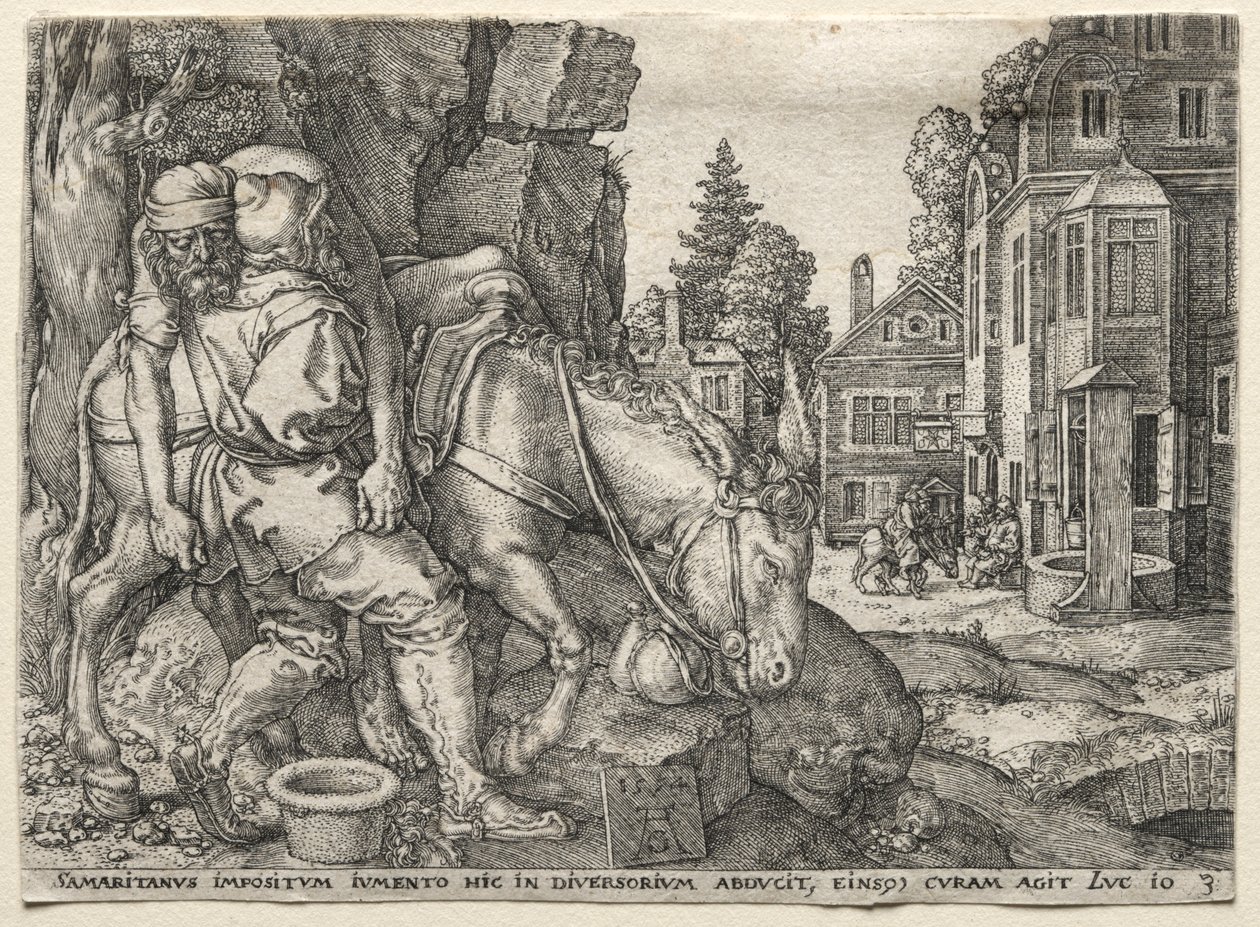 The Parable of the Good Samaritan: The Good Samaritan Putting the Traveler on His Donkey, 1554 by Heinrich Aldegrever