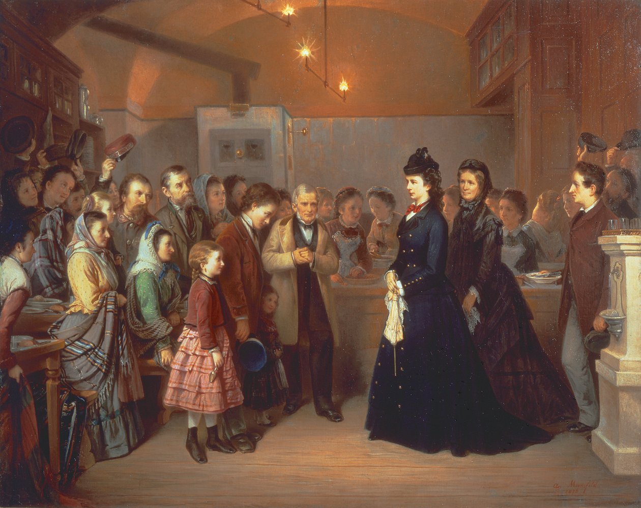 The Empress Elisabeth of Austria visits a soup kitchen in the Schoenlaterngasse by Heinrich August Mansfeld
