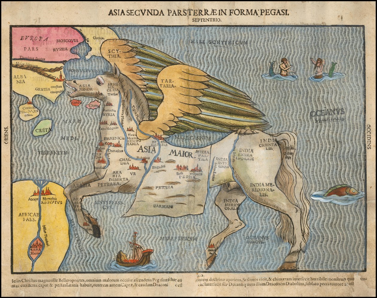 Ca. 1581 Pictorial Map by Heinrich Bünting, Depicting Asia as Pegasus by Heinrich Bünting