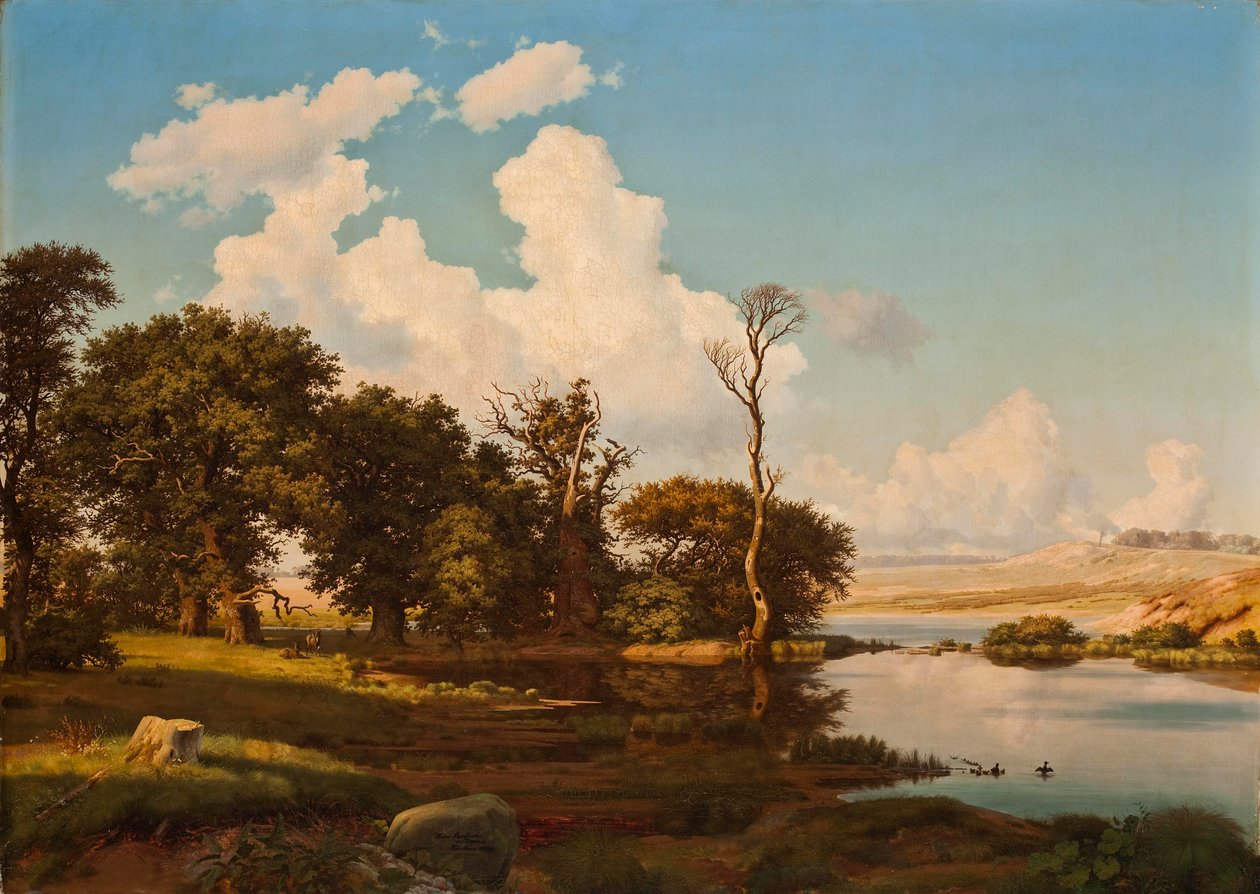 Danish Landscape, Oak Trees by a Lake by Heinrich Buntzen