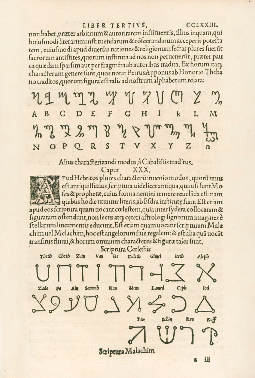 Theban Alphabet and Celestial Alphabet Engraving from Heinrich Cornelius Agrippa von Nettesheim (1486-1535) De Occulta Philosophia Libri Tres by Heinrich Cornelius Agrippa von Nettesheim