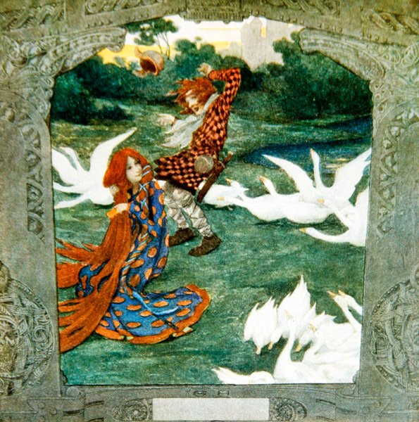 The princess - now a goose girl - charms the wind to blow Conrad, the goose herd