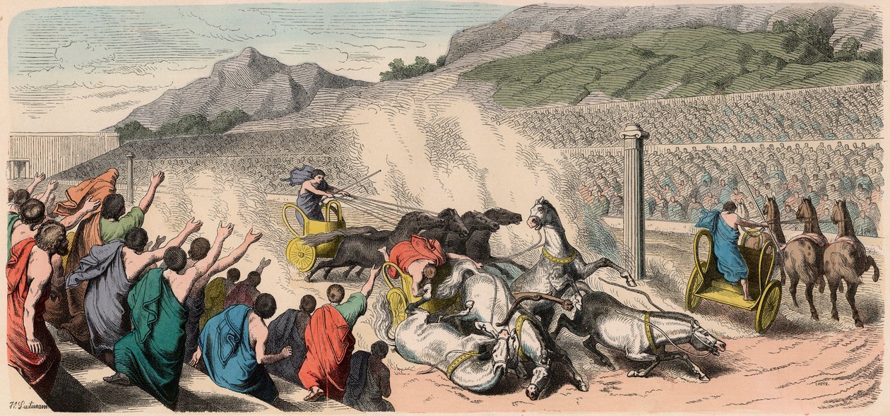 Ancient Greece: Olympic Games - Four-Horse Carriage Racing in the Hippodrome by Heinrich Leutemann