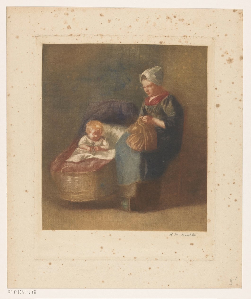 Woman Working Next to a Child in a Cradle by Heinrich M. Krabbé (signed by artist)