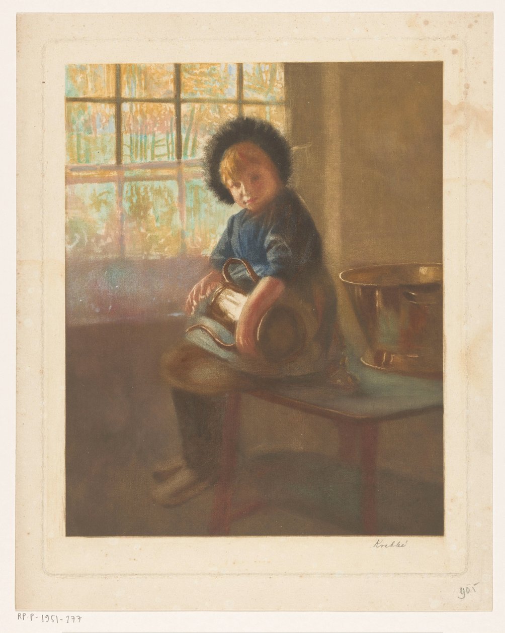 Girl Polishing a Copper Jug by Heinrich M. Krabbé (signed by artist)