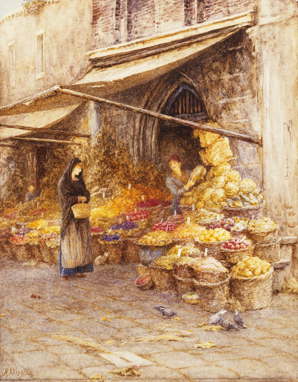 A Fruit Stall at the Base of the Campanile, San Giovanni Elemosinario, Near the Rialto, Venice by Helen Allingham