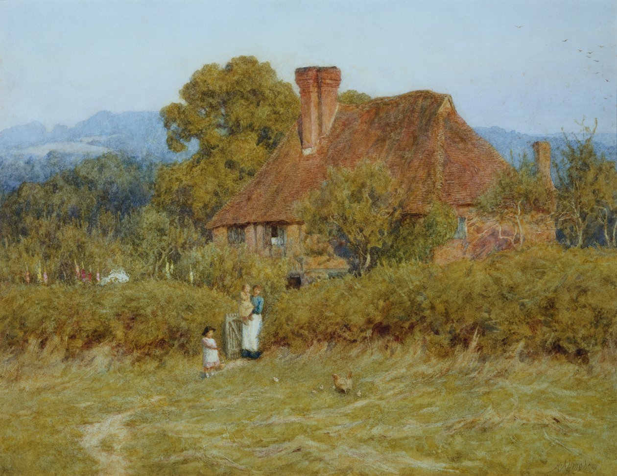 Cottage at Broadham Green, Surrey, in Sunset Light by Helen Allingham