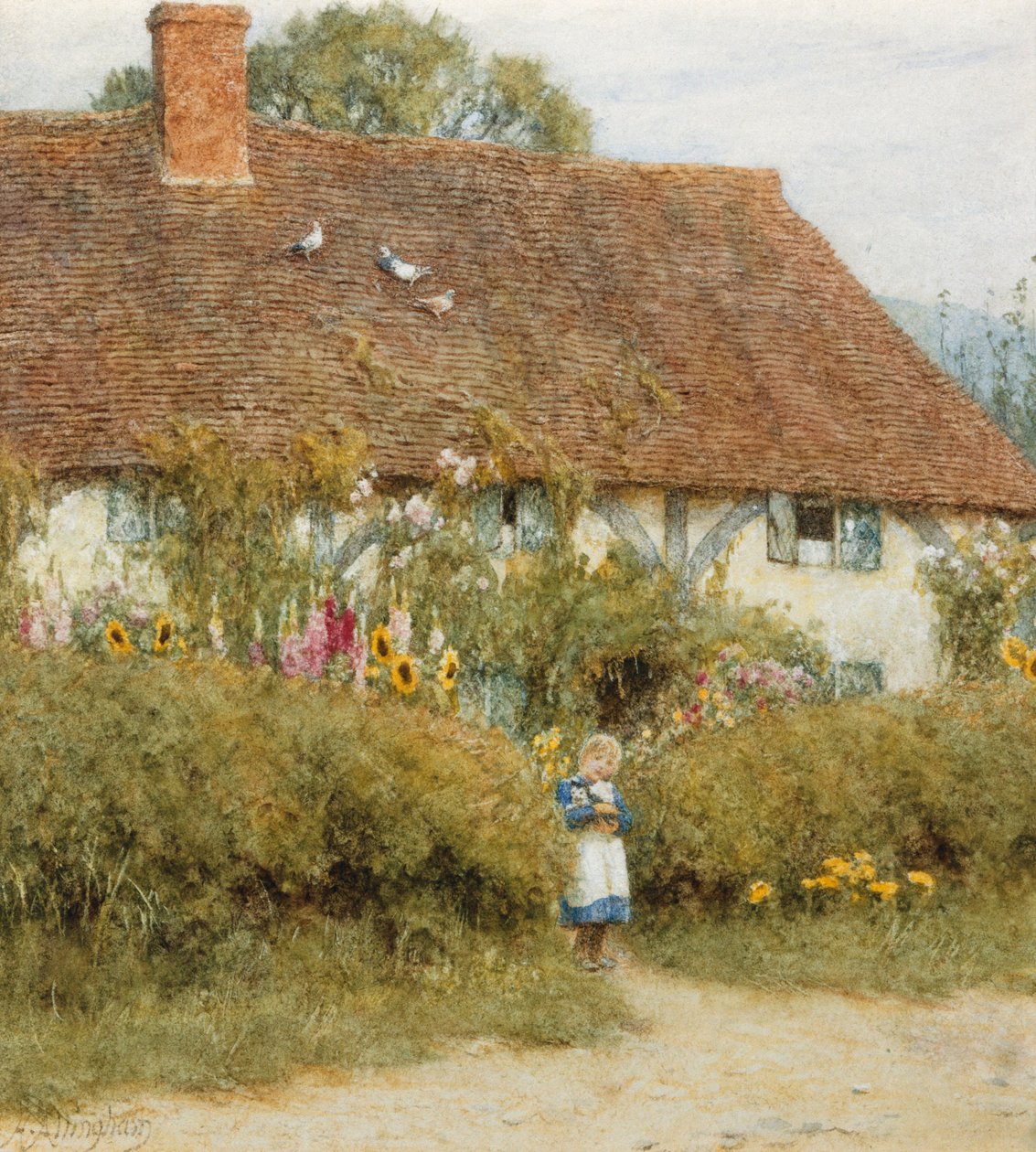 Cottage at West Horsley, Surrey (watercolour with scratching out) by Helen Allingham