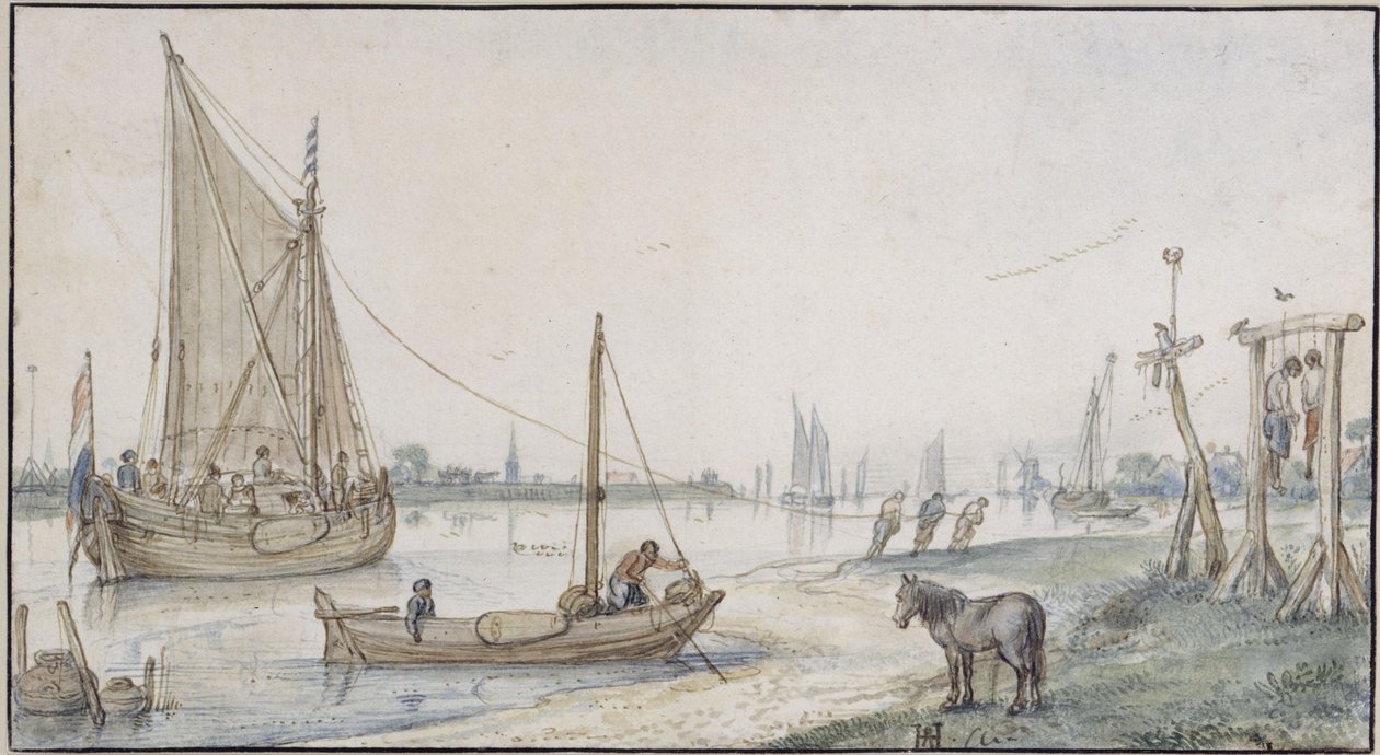 River Landscape, with Towed Sailing Ship, Gallows with Two Hanged Men in the Foreground by Hendrick Avercamp