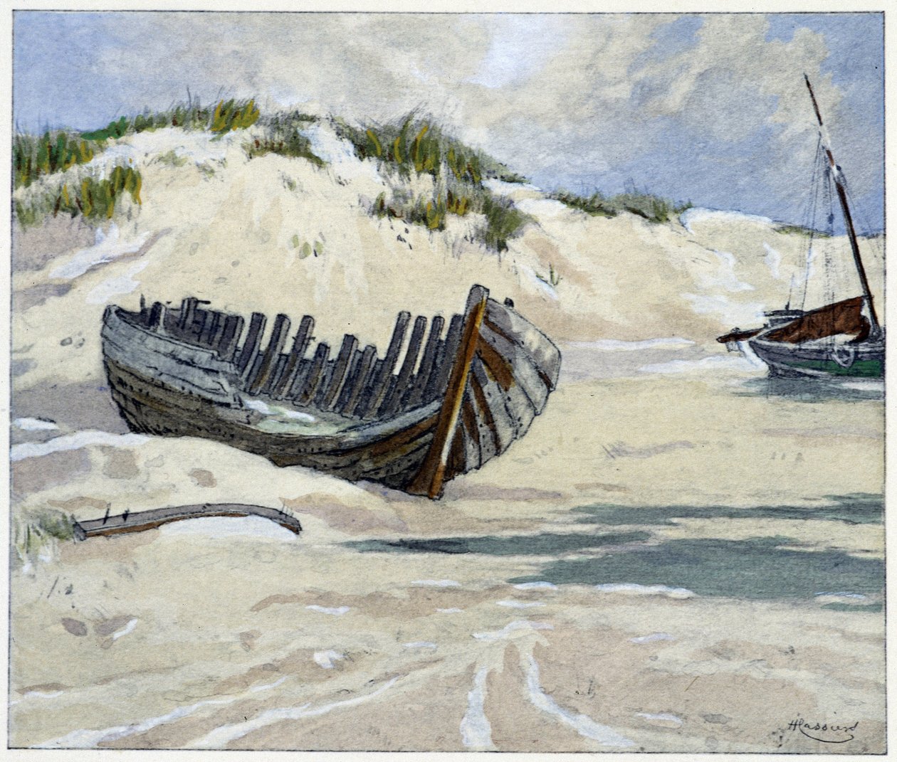 Fortune ships on the dunes in Garirlande des dunes, by Emile Verhaeren, illustrated by H.Cassiers in Art-H.Piazza, Paris 1927 by Hendrick Cassiers