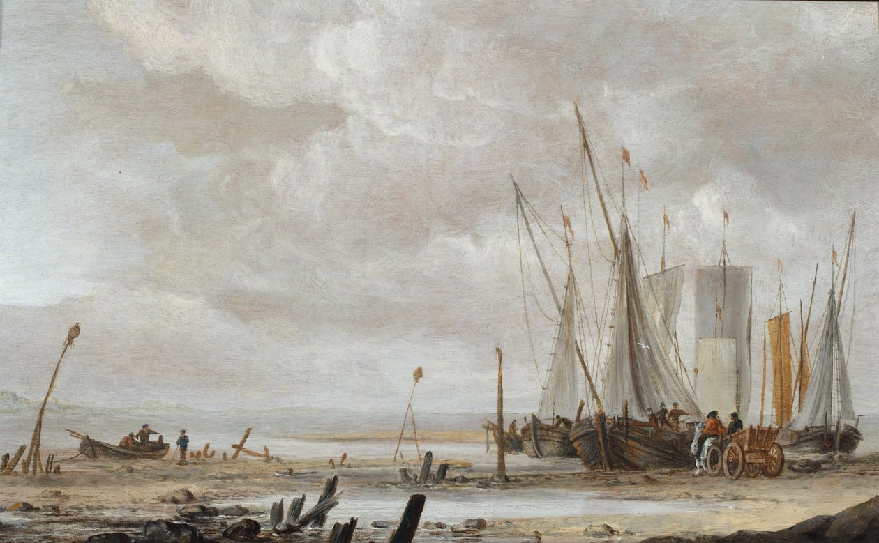 A Beach Scene with Fishing Boats Drawn Up by Hendrick Dubbels