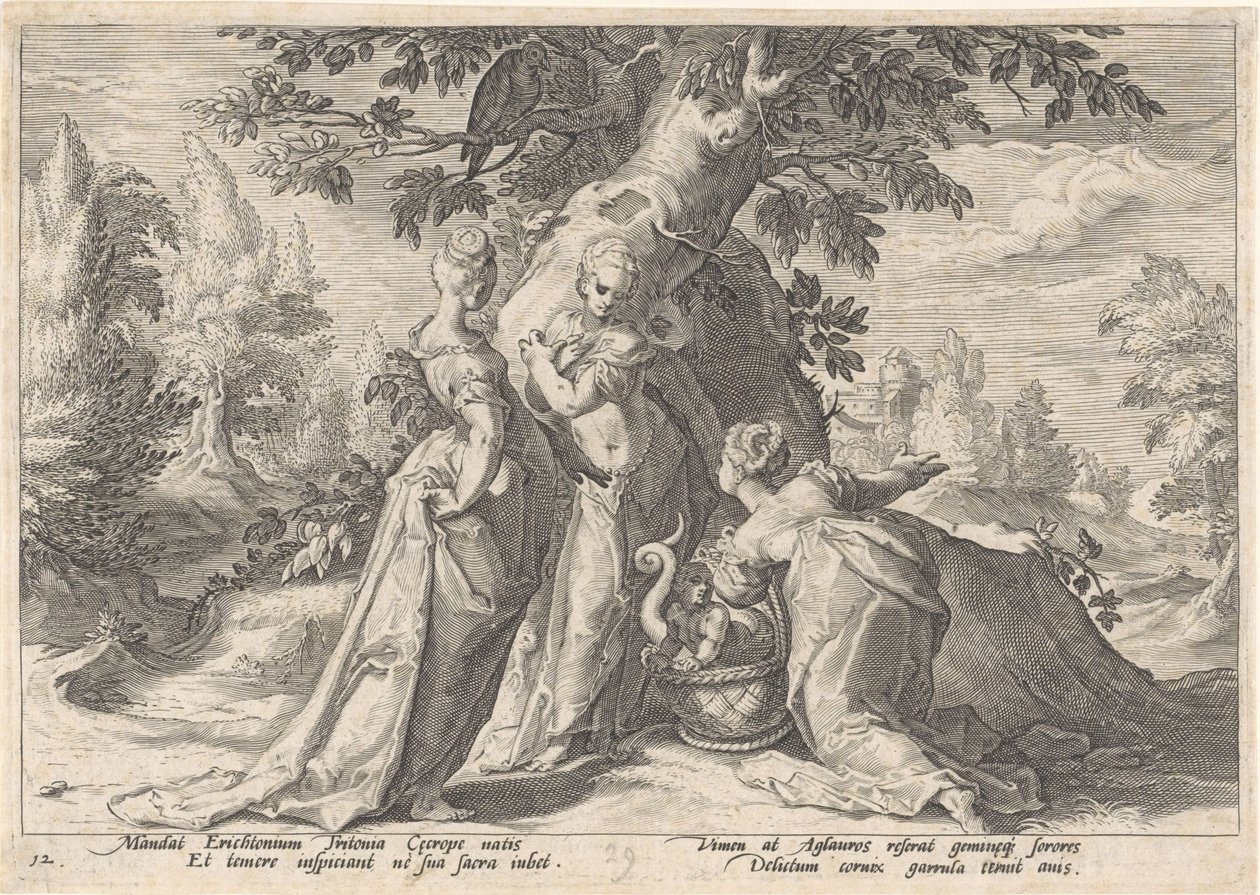Daughters of Cecrops Open the Basket of Minerva (Metamorphoses of Ovid series) by Hendrick Goltzius (workshop of)