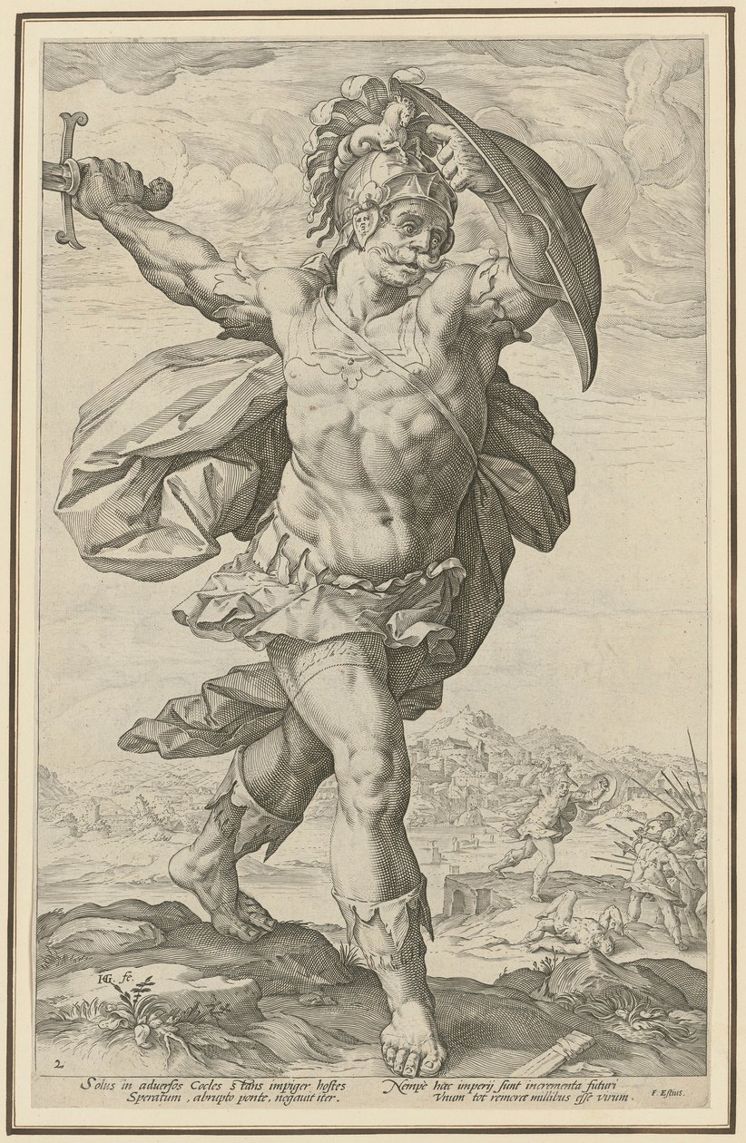 Horatius Cocles, Plate 2 from the series "Roman Heroes" by Hendrick Goltzius