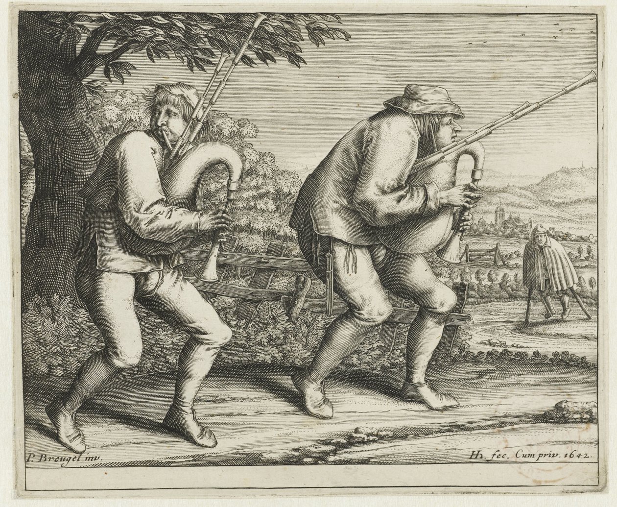 Two Bagpipers, Pilgrimage to Molenbeek (series title) by Hendrick Hondius (I)