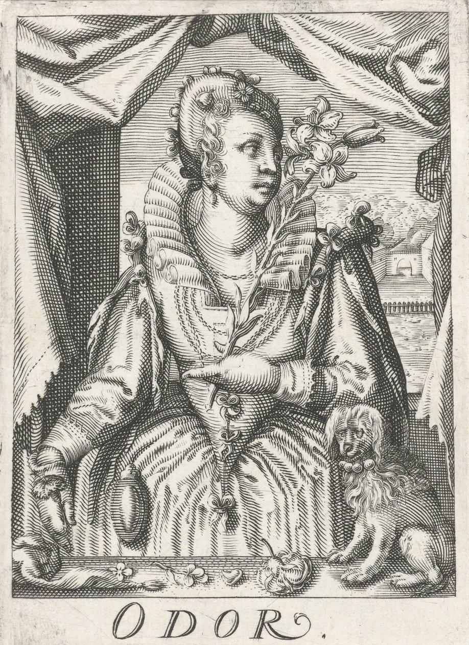 Smell (Odor), a Woman with a Flower Branch by Hendrick Hondius (rejected attribution)