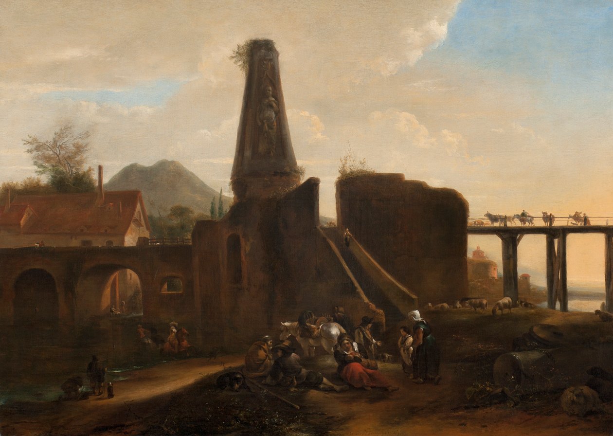 Travelers at Rest Alongside Classical Ruins by Hendrick Verschuring