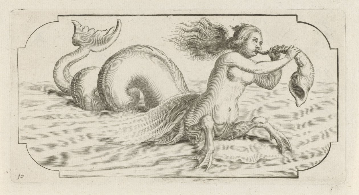 Female Figure Blowing a Shell (series title: Nouveau Livre des Dieux et Déesses De la Marine) by Hendrick de Keyser (I)