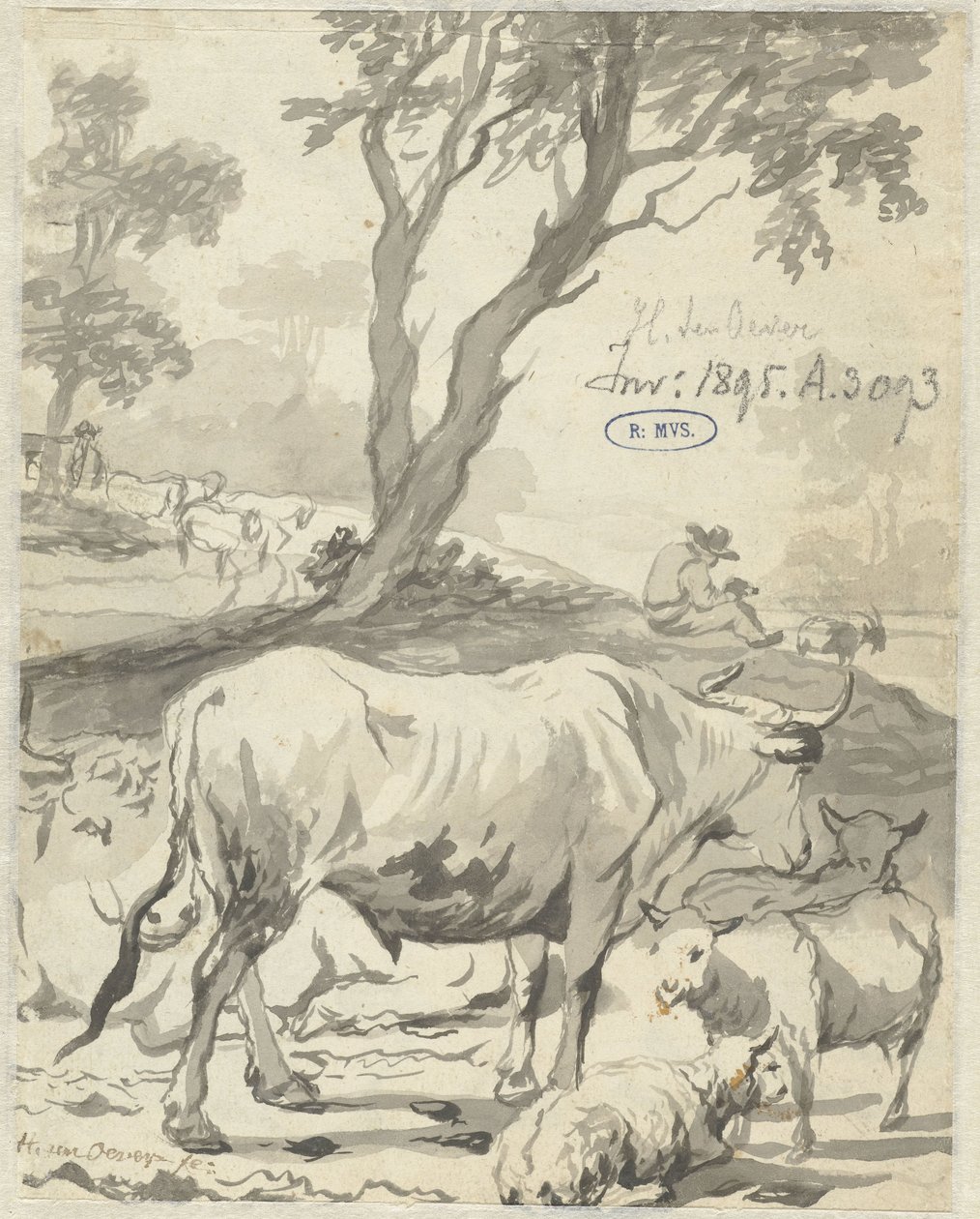 Shepherd with Cows and Sheep under a Tree by Hendrick ten Oever
