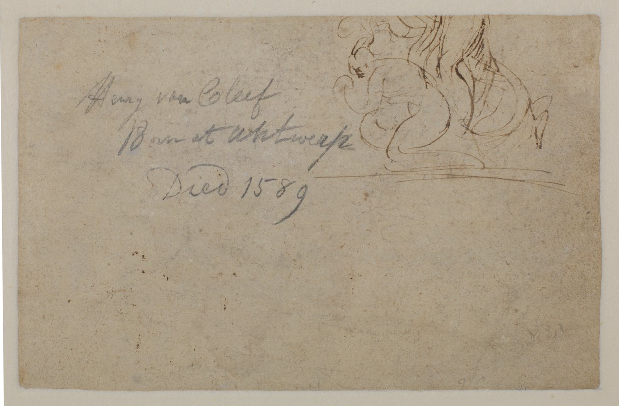 Annotation by a later hand. Sketch of a crouching figure and a rearing horse, 16th century by Hendrick van Cleve