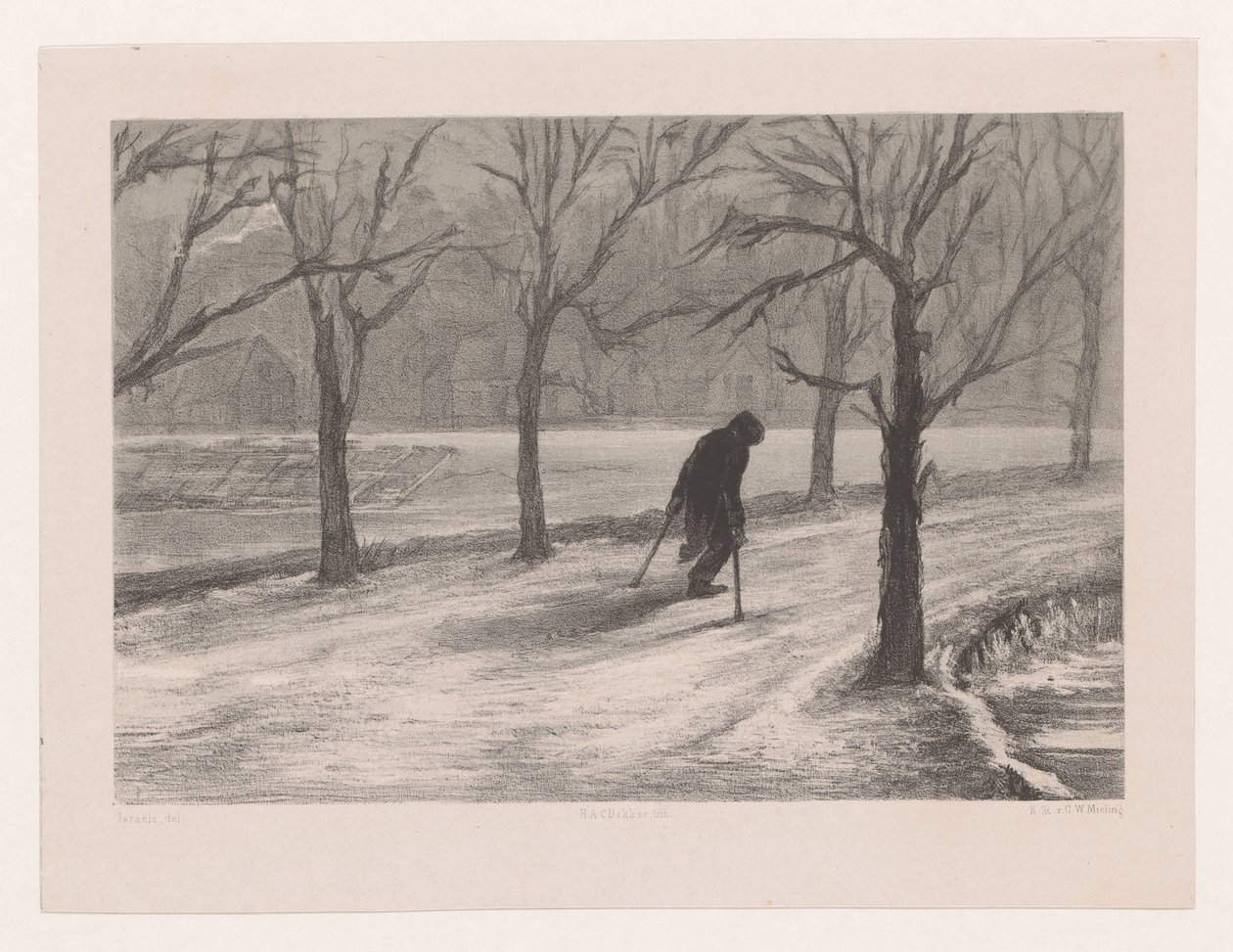 Man on Crutches in a Winter Landscape by Hendrik Adriaan Christiaan Dekker