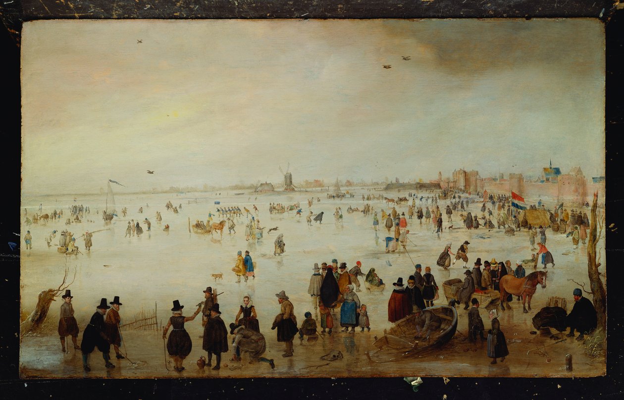 Skaters, Golf Players, Elegant Ladies and Gentlemen on Frozen Floodwaters by the Broederpoort at Kampen by Hendrik Avercamp