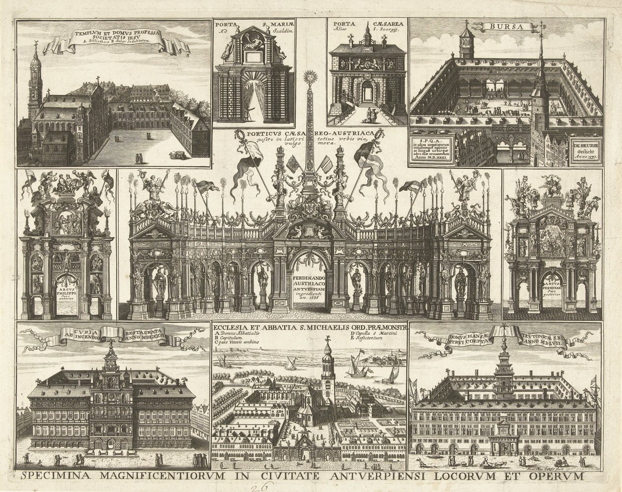 Sheet with Ten Depictions of the Entry of Cardinal-Infant Ferdinand into Antwerp, 1635 (Specimina magnificentiorum in civitate Antverpiensi locorum et operum) (title on object) by Hendrik Causé