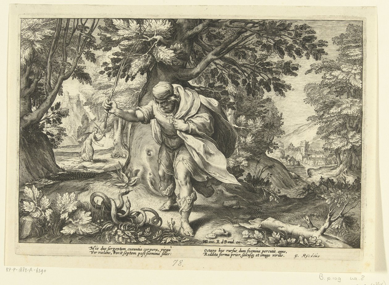 Teiresias beats two mating snakes, from Ovid