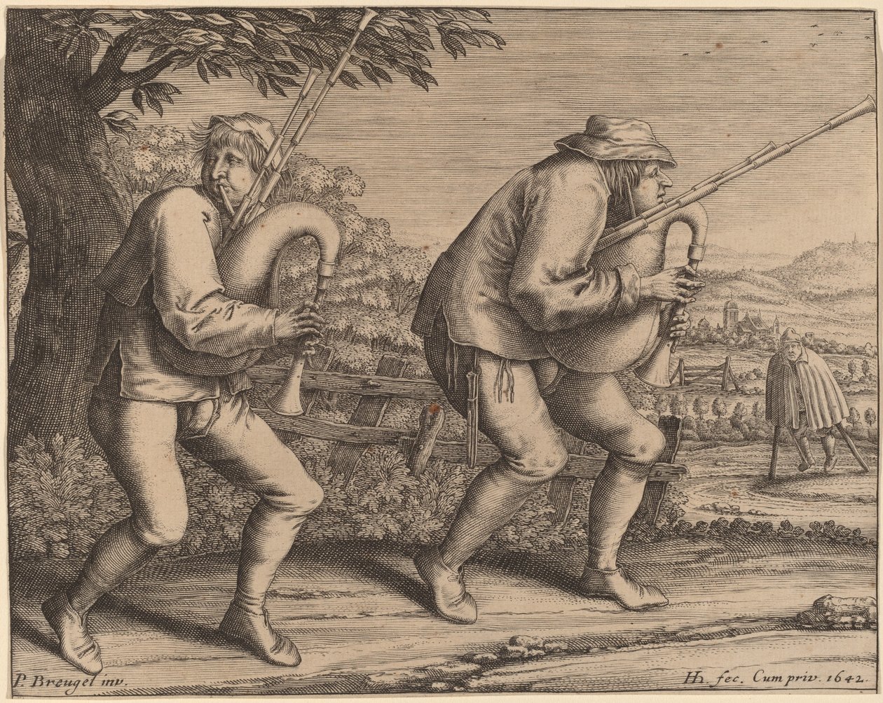 Two Bagpipe Players by Hendrik Hondius I after Pieter Bruegel the Elder