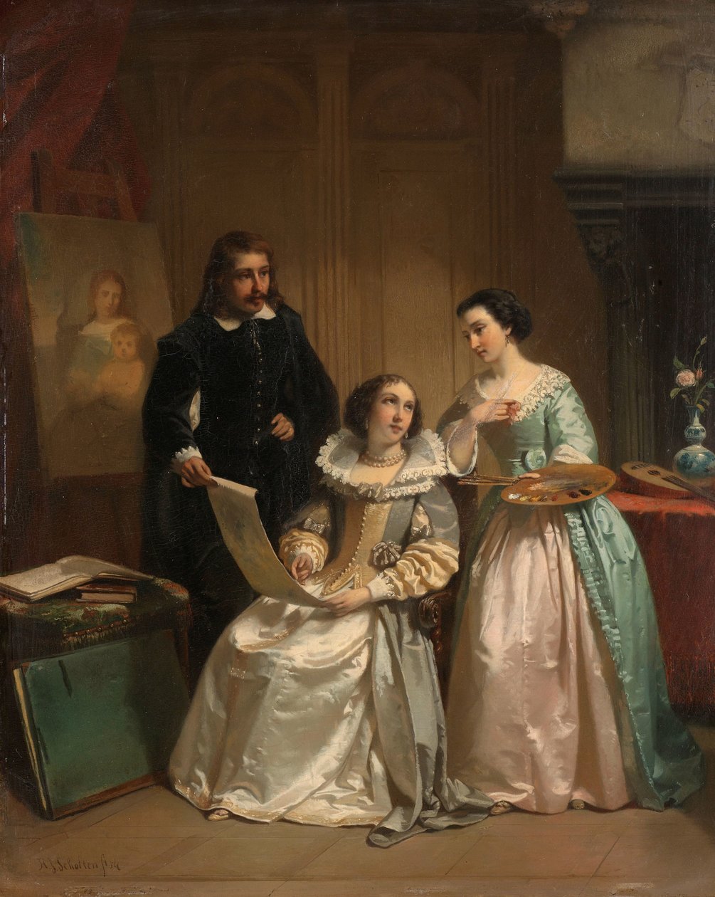 Gerard van Honthorst Showing the Drawings of his Pupil Louise of Bohemia to Amalia van Solms by Hendrik Jacobus Scholten