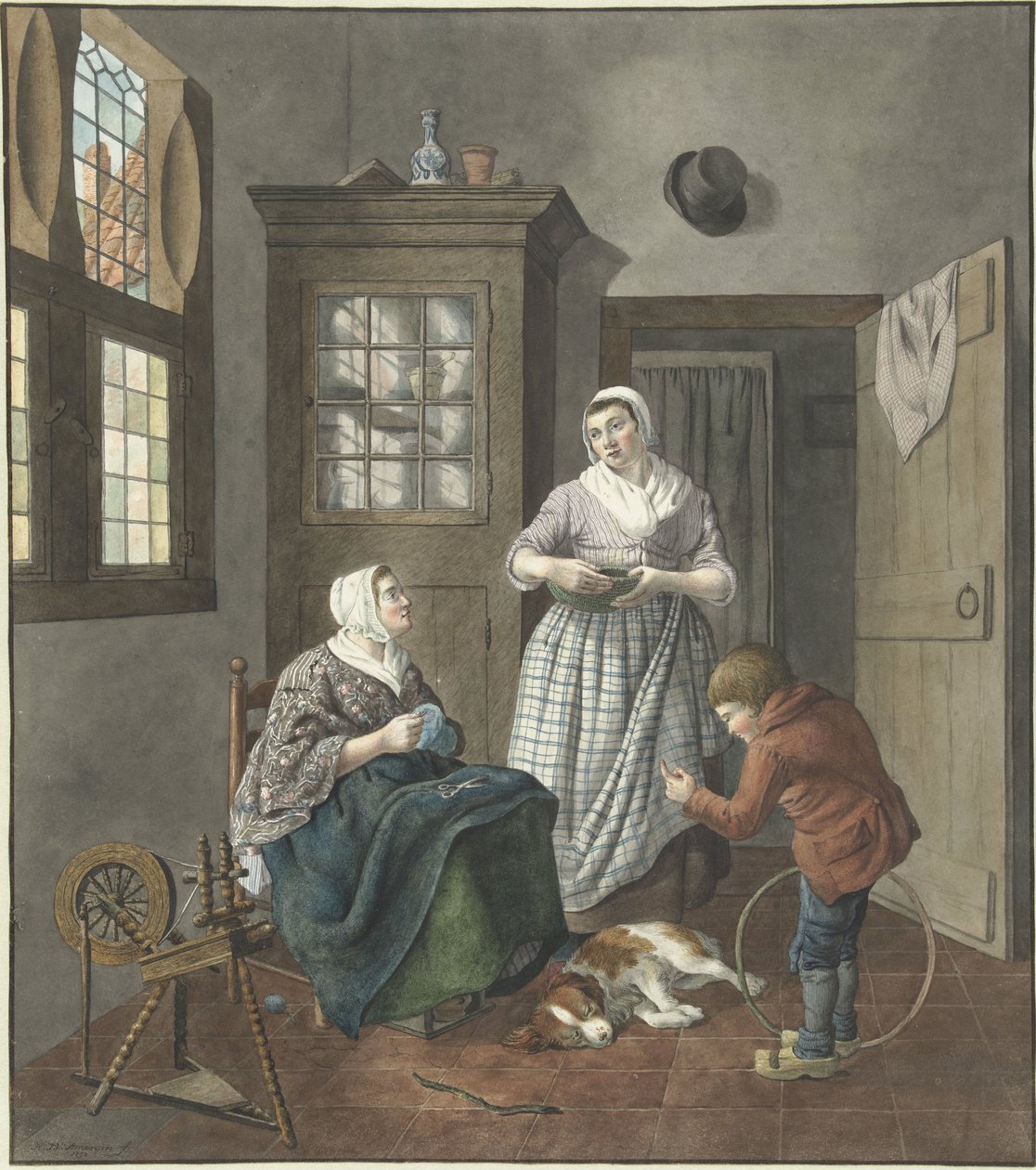 Interior with Sewing Woman, Maid, and Playing Boy by Hendrik Jan van Amerom