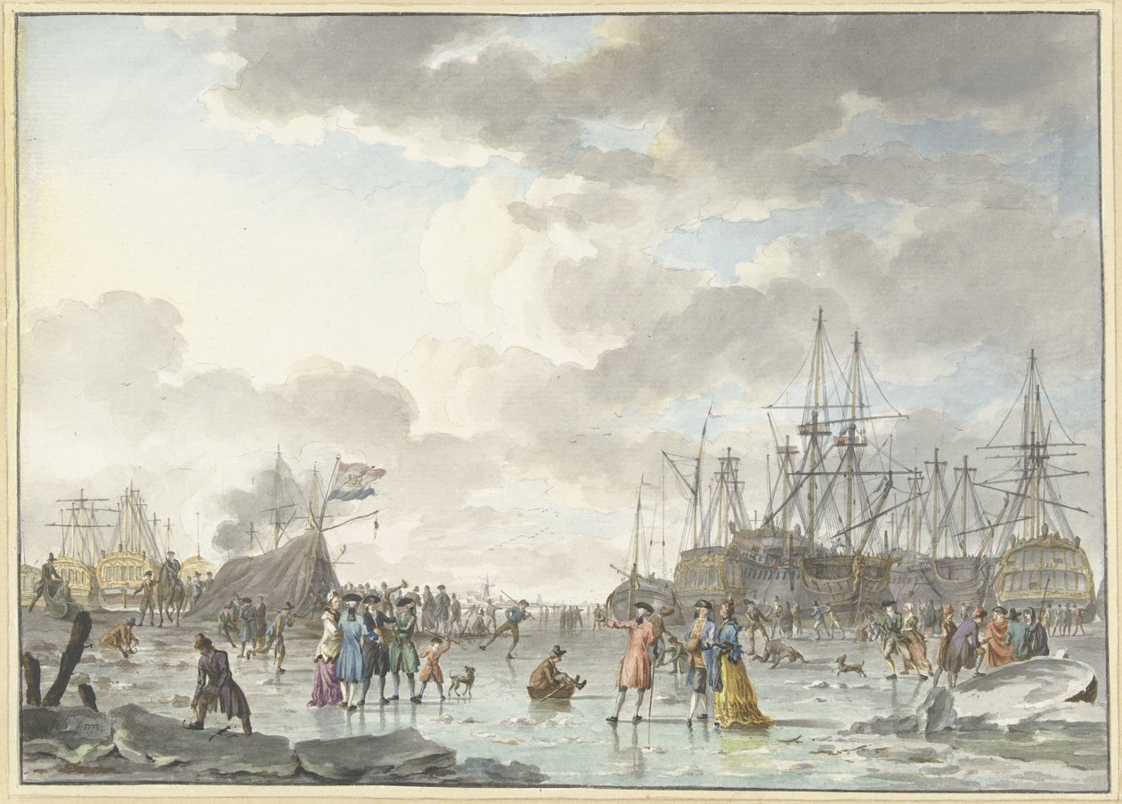 Frost Fair on a Frozen River with Ships by Hendrik Kobell