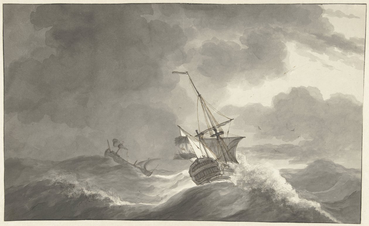 Two Ships at Sea in a Storm by Hendrik Kobell