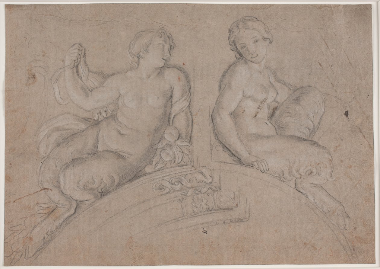 Two Female Satyr Figures (Fauns) on a Segmental Arch by Hendrik Krock