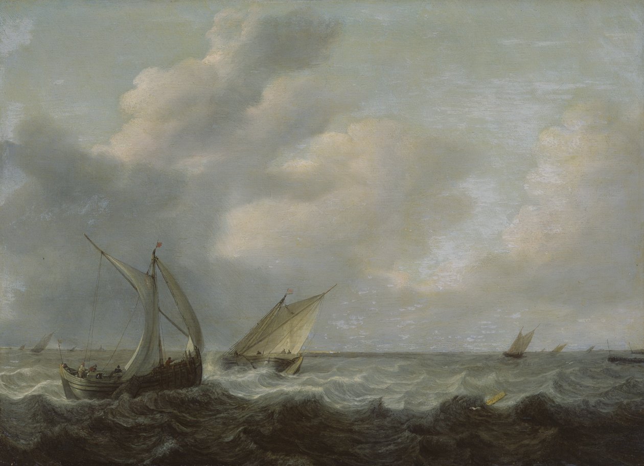 Fishing boats in a choppy sea by Hendrik Martensz Sorgh