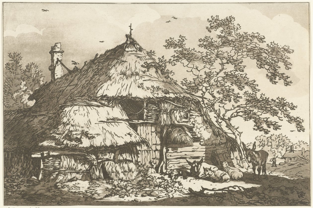 Farm with a Cow, Two Sheep, and a Donkey in the Yard (Twelve Designs for Learning to Draw Landscape) by Hendrik Meijer